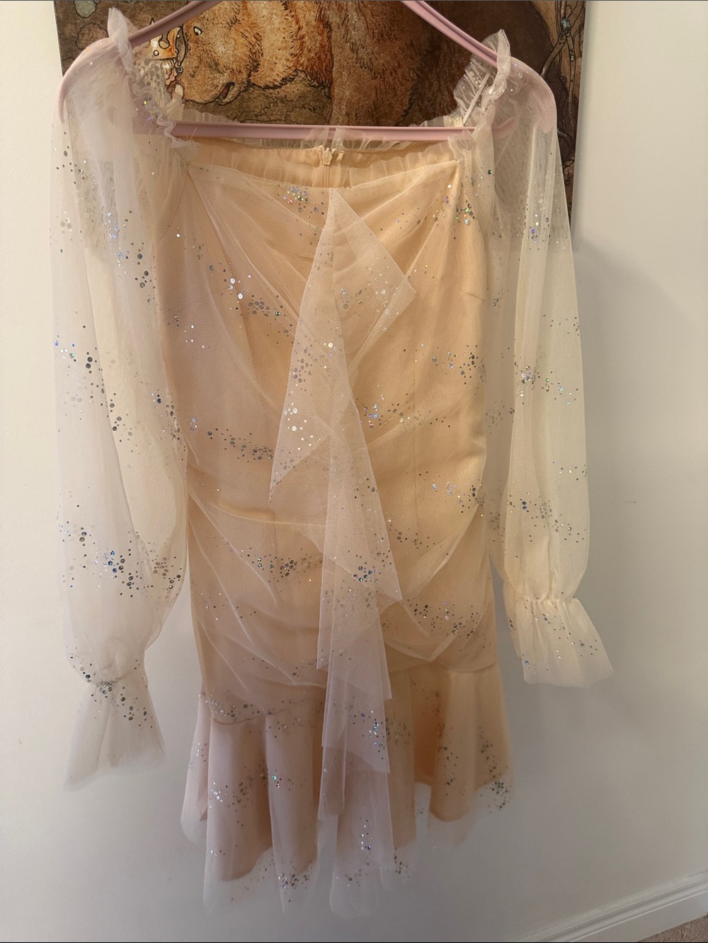 Sheer Glitter Tulle Mini Dress in Champagne